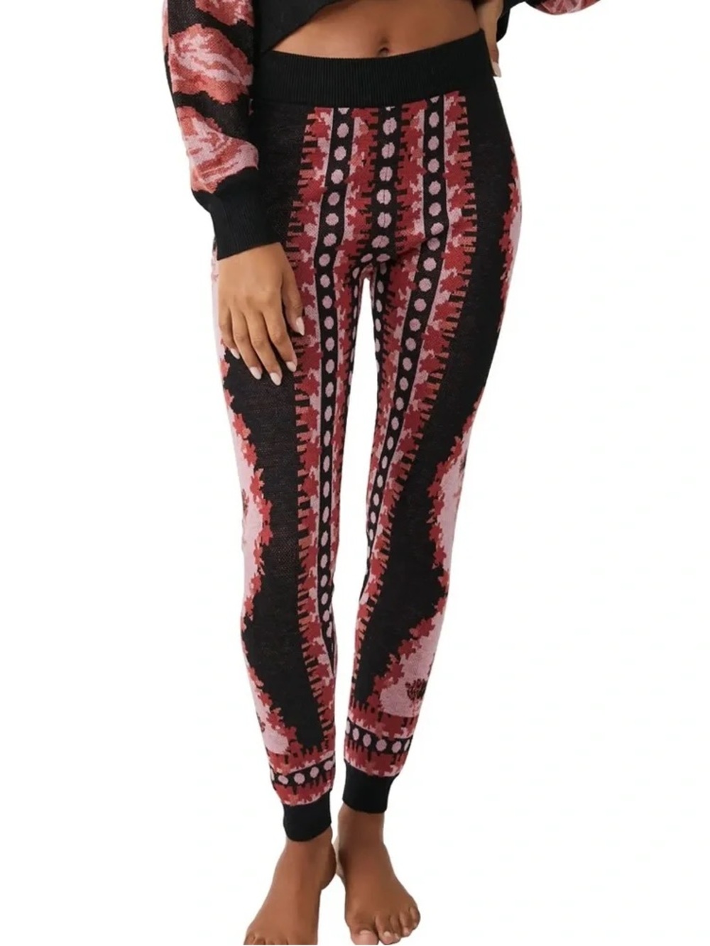Free People NWOT Fuzzy Feeling Lounge Pants in Black/Pink Combo Size L
